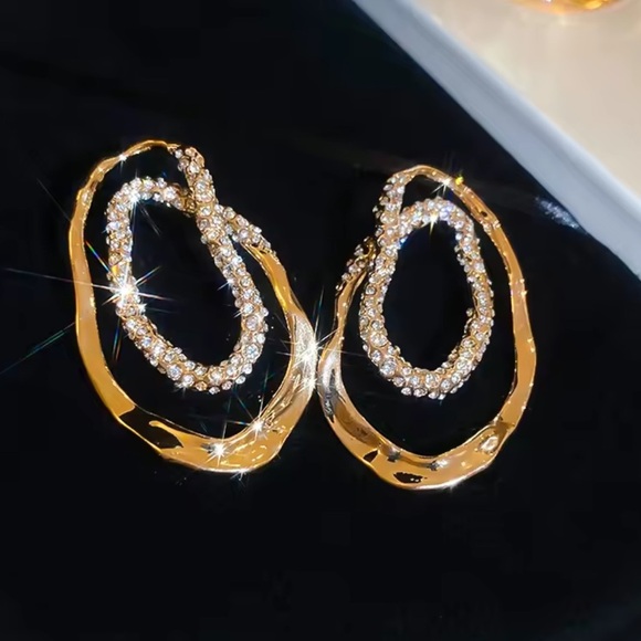 Golden Waves Crystal Double Oval Statement Earrings - Picture 9 of 11